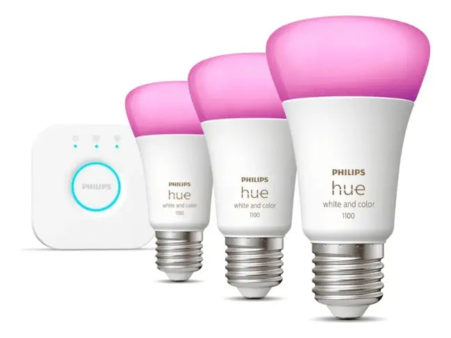 Kit Philips Hue Starter Pack – 3 Lámparas LED Inteligentes E27 RGB + Hue Bridge